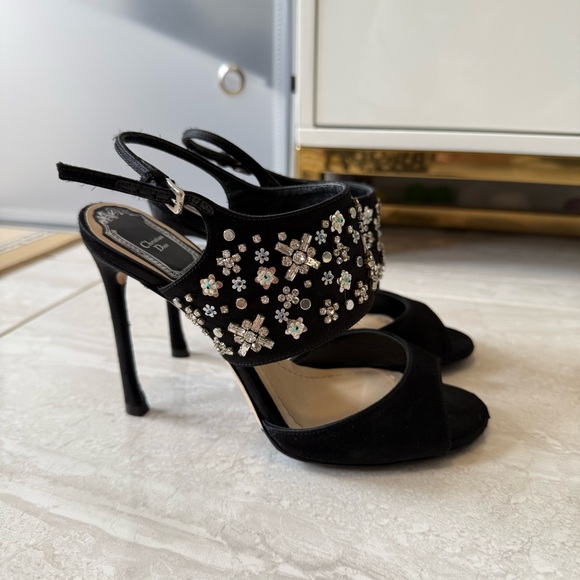 Authentic Dior Black Satin Crystal Embellished Ankle Strap Sandals Size 35.5 - Picture 3 of 7